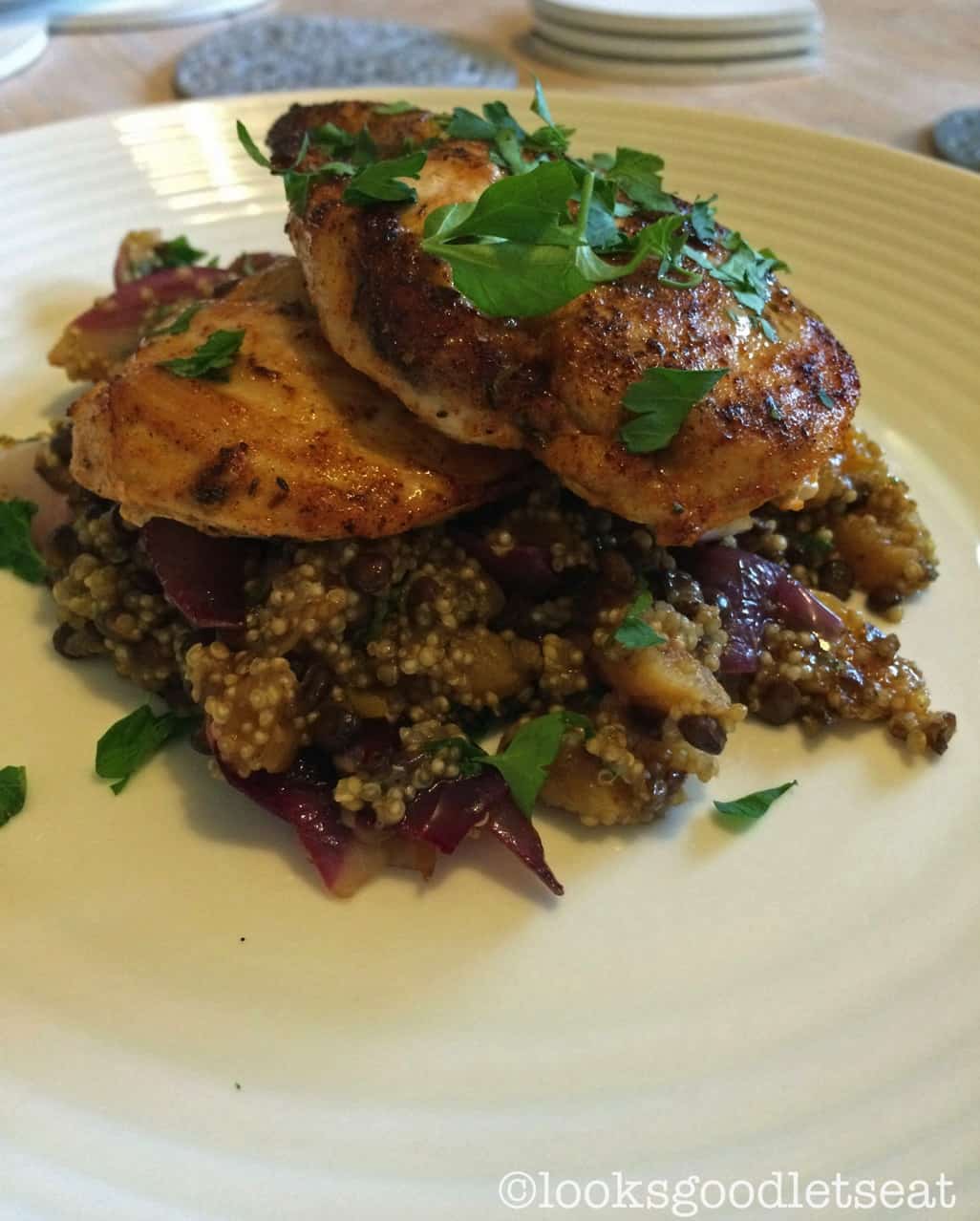 Spiced Chicken with Apricot, Red Onion and Garlic Quinoa